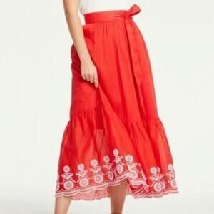 Ann Taylor Red Orange Floral Embroidered Boho Midi Skirt Size 18T